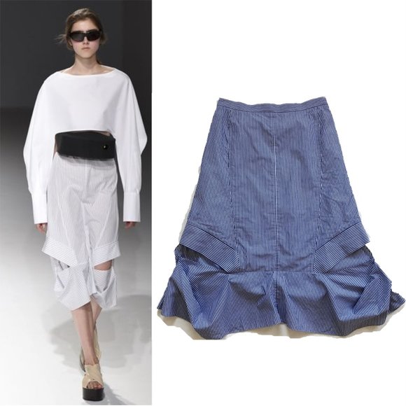RUNWAY Hussein Chalayan A-Line Frill Skirt WK205 Blue White Stripe Midi 46 US 8
